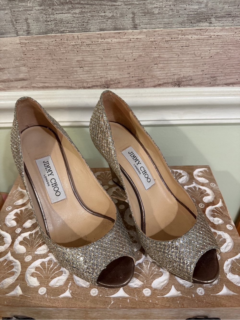 Jimmy Choo Baxen Silver Peep-Toe Wedges
